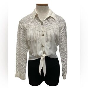 Vintage Western Fringed Crop Top, Lace, White, Women’s, Rodeo, Festival, Small